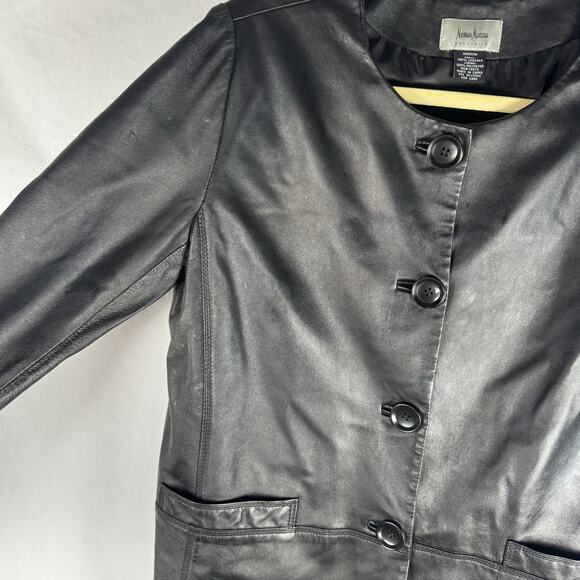 Neiman Marcus Women’s Medium (M) Black Genuine Leather Overcoat Jacket, Classic - Picture 3 of 11